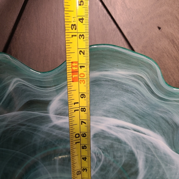 Rare Vintage Murano Style Teal and White Swirl Art Glass Dish 13"x2" Hand Blown - Picture 5 of 11
